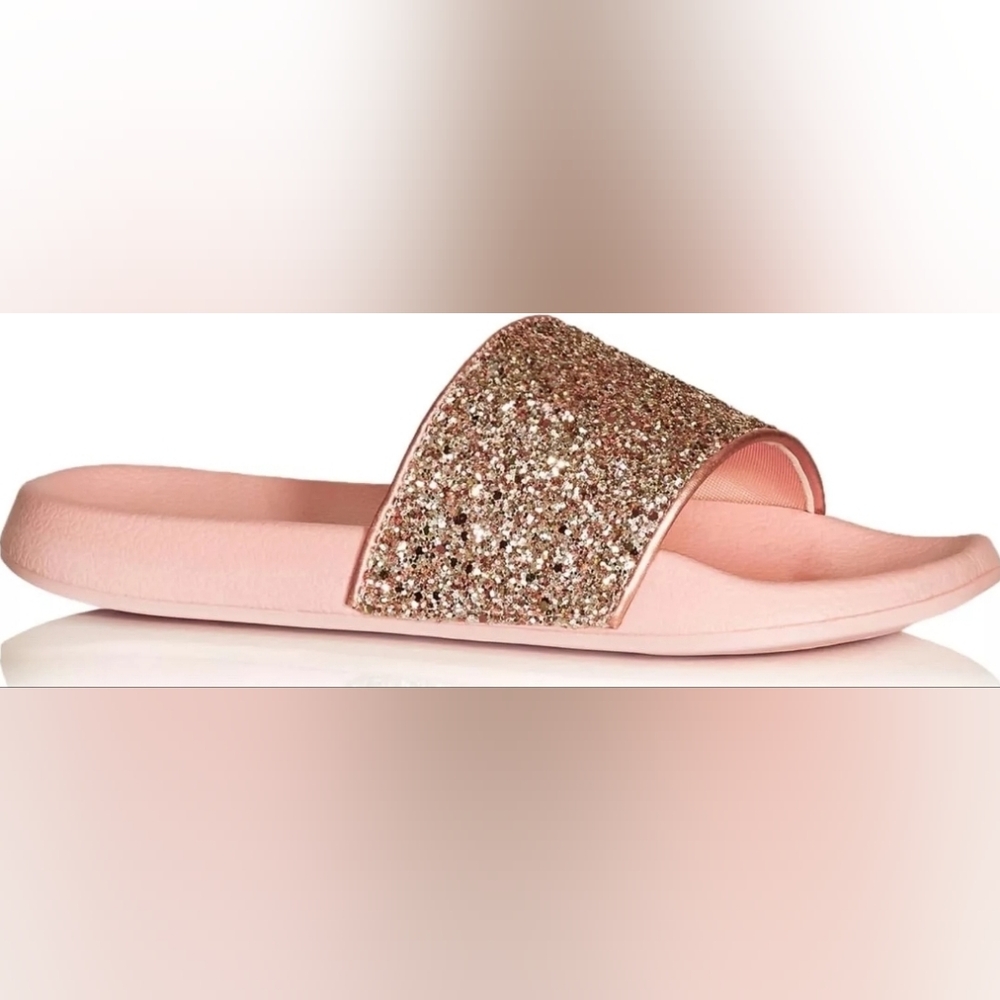 Cloudwalkers" slide sandals with glitter straps. Glitter Pink Slide Sandals New